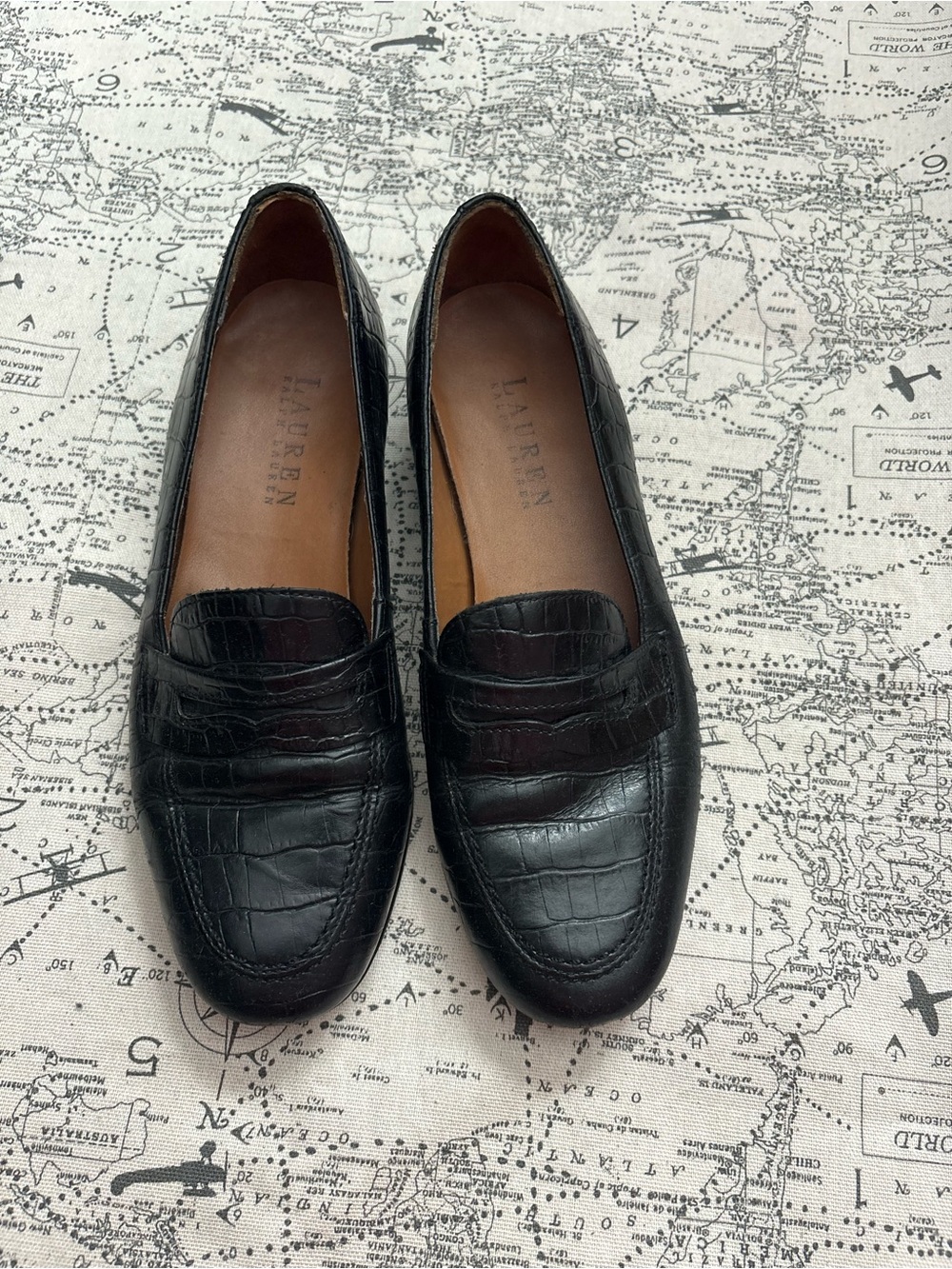 Lauren Ralph Lauren Women's Black Croc-Embossed Leather Penny Loafers